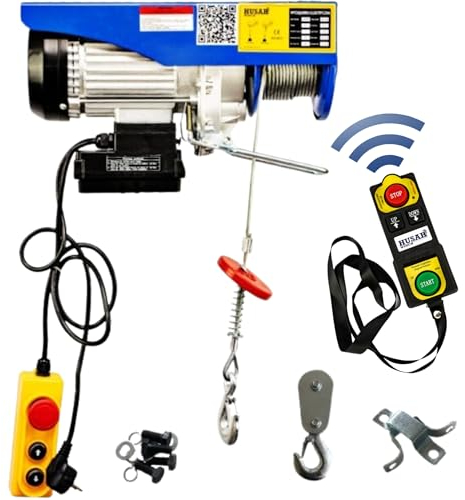 Husar Winch Elektrische Seilwinde 230V, 500/990 kg Motorleistung 2000W, drahtlose Steuerung, HOIST maximale Hubhöhe 18m, Seillänge 18 Meter 6mm Wasserschutzklasse IP54