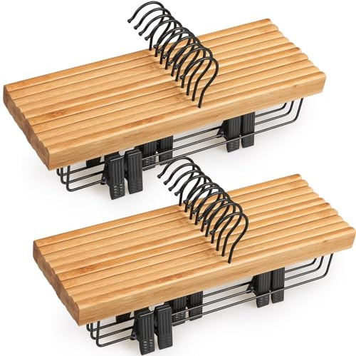 TOPIA HANGER Pants Hangers 20 Pack, Bamboo Clothes Hangers with Black Clips and Rotatable Hook, Durable Natural Wooden Hangers for Skirts, Pants, Jeans, Shorts - CTS06