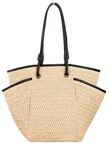 Stroh Handtasche Damen,Handgewebt Stroh Tote Tasche Mit zwei Seitentaschen,Sommer Strandtasche Stroh Groß Mit Reißverschluss
