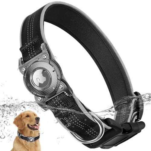 ONEONTA Airtag Hundehalsband Wasserdicht | Hund Anhänger Mit Abnehmbarer Metallschlaufe, Weich Gepolstertes Neopren Nylon, Reflektierend, Verstellbar für Hunde, Schwarz, S