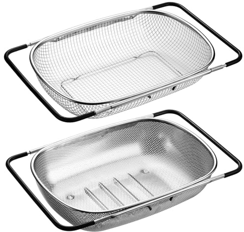 Tioncy 2 scolapasta da lavello in acciaio inox, a maglia fine, con manici espandibili (34 - 54 cm), scolapasta e scolapasta, scolapasta per pasta, verdure, cibo, frutta, per cucina