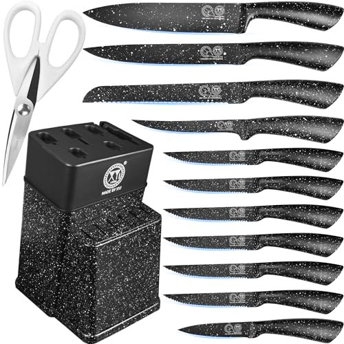 XYJ - Set di coltelli da cucina in acciaio inox con portacoltelli, coltelli da cucina giapponesi professionali, coltello trinciante, forbici, coltello da bistecca, coltello da pane