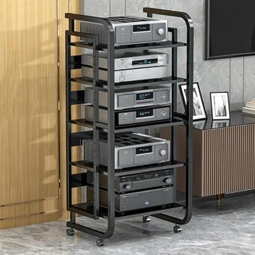Stereo Component Cabinet, Freestanding Speaker Gaming Consoles Unit Racks, Movable Corner Storage Shelf with Wheels for Home Theater, Media Player Stand for Audio Video Amp(Black-C)