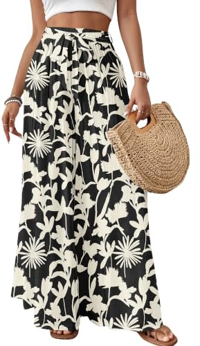 Bsubseach Pantalon jambes larges pour femme Imprimé fleurs de plage | Palazzo Jupes élégantes pour femme, pantalon ample long, taille élastique, avec cordon, pantalon décontracté