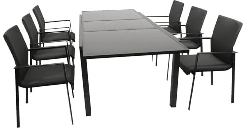 DEGAMO Gartenset Garnitur Torino 7-teilig (6X Stapelsessel, 1x Ausziehtisch 180/240x100cm), Alu anthrazit + Tischplatte Glas in schwarz, Outdoor