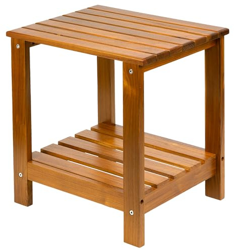 VaeFae Mesa auxiliar de madera de teca con estante de almacenamiento, mesa auxiliar de 2 niveles, taburete de esquina para ducha