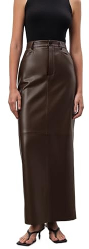 Ymnilian Gonna Pelle Donna Gonne Lunghe Eleganti in Pelle Marrone Gonne Lunghe da Donna da Ufficio Solide gonne a Fessura Autunno Sexy gonne dritte in PU da Donna(L)