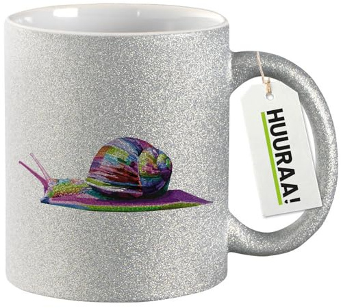 Huuraa Glitzertasse Schnecke Colorful Geschenk | Motivtasse 330ml Glitzer Tasse mit Spruch Silber Keramik Kaffeebecher Geschenkidee Silver Glitter Becher mit Motiv