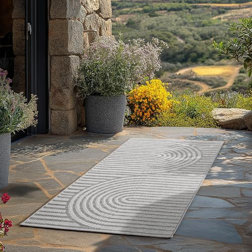 Teppium Outdoor Teppich Grau 80x150 cm Läufer, Wetterfest & UV-beständig, ideal für Küche, Balkon, Terrasse auch Wohnzimmer und Esszimmer, Skandinavisches Boho-Design