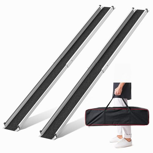 FACHNUO Teleskopisk rullstolsramp, halkfri, 2 x aluminiumramp rullstol upp till 272 kg, bärbar dörrtröskelramp med textilfickor, ramper för trappor, trappor, dörrar (7 fot (120–213 cm))