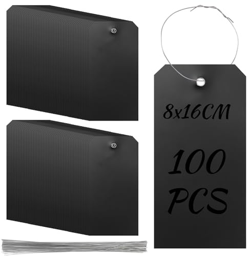 Rustark 100 Stück Schwarz Kunststoff Versandanhänger 8x16CM Etikettieranhänger Wasserdichte Versandanhänger mit Ösen Hängeetiketten mit Draht Geschenkanhänger für Gepäck Garage Inventar Auto