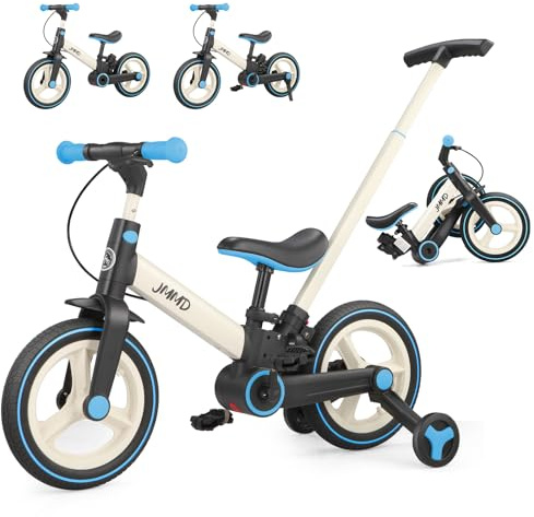 JMMD Bicicletta 6-in-1 per Bambini con Rotelle e Pedali, Età 18 Mesi-5 Anni, Bici senza Pedali Convertibile e Pieghevole 12 Pollici & Bici a Pedali con Maniglia Genitore Regolabile, Cavalletto, Freni