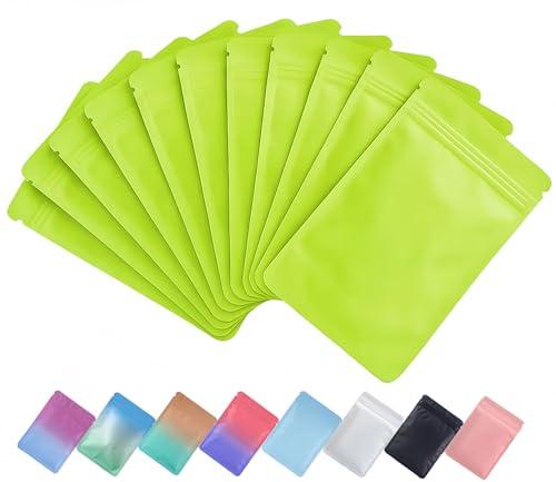 Plaphy 100 Bolsas Zip Herméticas Planas, Bolsas Mylar Coloridas con Cierre Resellable, Bolsas de Aluminio Autocierre para Empaque, Organización y Almacenamiento de Alimentos (Verde, 9 x 16 cm)