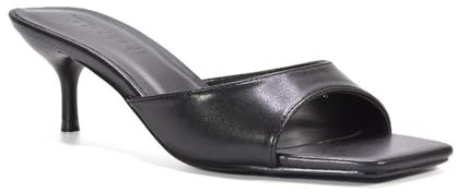 ESSEX GLAM Women's Square Toe Stiletto Kitten Heel Sandals Ladies Black Synthetic Leather Slip On Heeled Mule Evening Party Shoes Size 6