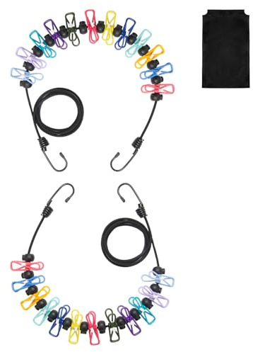 2 Piezas Tendedero de Viaje, Cuerda para Ropa Retráctil con 12 Pinzas para la Ropa y 13 Hebillas de Posicionamiento y Dos Bolsas no Tejidas, para Camping Senderismo Playa Viajes y Uso(1,8 m - 3,6 m)