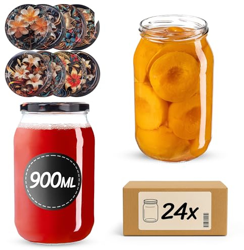 KADAX konserveringsburkar 900 ml med fi82 mm skruvlock, stora burkar med Twist Off lock, glasburkar, glasburkar för gurkor, konserverade burkar (liljor, 24 stycken)