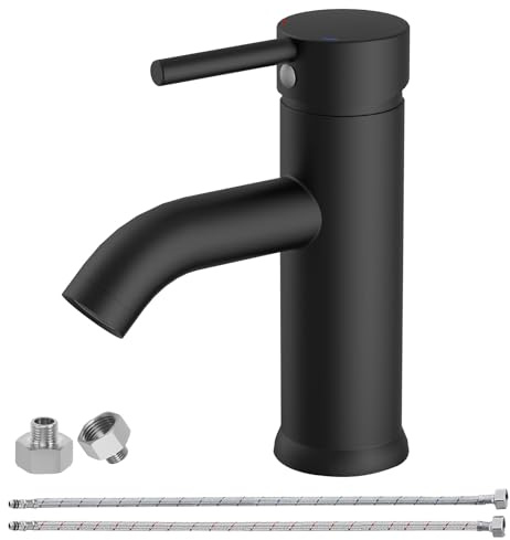 BATHLAVISH Wasserhahn Bad Schwarz, Messing Einhebelmischer Waschbecken Armaturen, Mischbatterie Waschbecken mit Schlauch, Armatur für Badezimmer Spül Küche