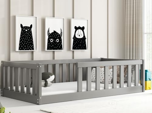 Interbeds inkl. fallskydd och ribbotten | 80 x 160 cm | natur | Golvsäng Montessori | Säng av massivt trä, spjälsäng (grå, 80x160)