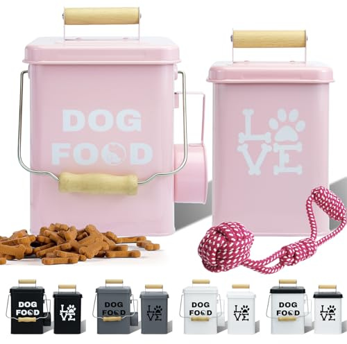 QINSDESIGNS Set of 2 Dog Treat Container 4-6 lbs (25 Cups) with Scoop and Toy - Farmer Design for Kitchen Counter - Dog Treat Jar with Handle - Pink