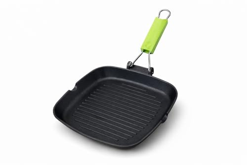 Bistecchiera Grill 26x26cm, Olympia – Piastra Padella Grill in Alluminio Pressofuso Antiaderente 5 Strati, Manico Salvaspazio Verde, Senza PFOA e Nickel, Prodotta in Italia