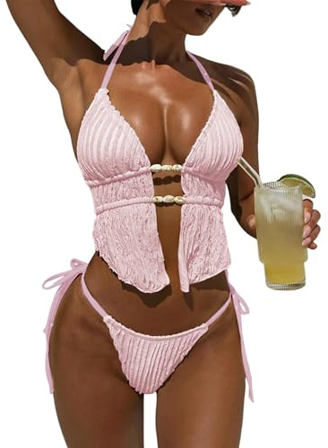 GRMLRPT Bikini-Set für Damen mit V-Ausschnitt Triangel Oberteil Badeanzüge Slip Verstellbare Schnürung Badeanzug Niedriger Taille Zweiteiliger Badeanzug(Mehrfarbig,S-L)