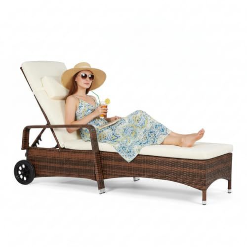 Mucola Gartenliege Sonnenliege Polyrattan mit Rollen 200x62x81 cm Braun | Rückenlehne mehrfach verstellbar, inkl. Polsterauflage und Kopfpolster, witterungsfestes Geflecht, leicht verschiebbar