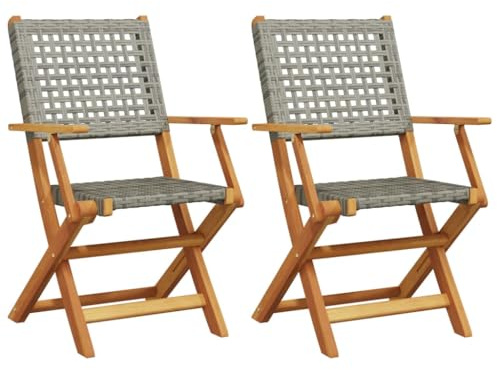 Zentexion Gartenstühle 2 STK Grau Massivholz Akazie Poly Rattan Klappstuhl mit bequemer Armlehne für Terrasse Balkon Garten Outdoor Sitzmöbel