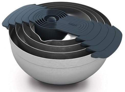 Joseph Joseph Nest 9 Plus, 9 Piece Compact Food Preparation Set with Mixing Bowls, Measuring Cups, Sieve and Colander, Stainless Steel