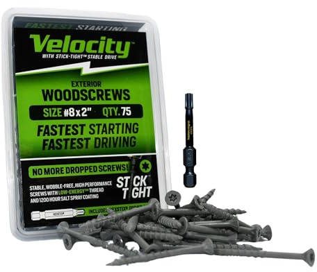 Velocity Exterior 2 Inch Wood Screws DIY Pack (Size #8) Fence Screws for Wood, Stick Tight Technology, Made with Carbon Steel, Includes 1 Hexstix Drive Bit (75 Pieces)