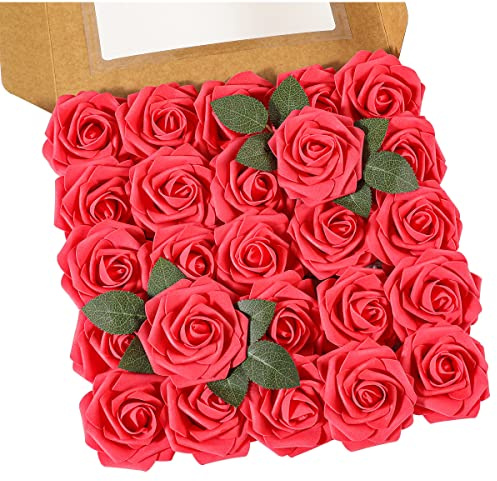 Ruiuzioong Rosa Artificial Flor 25PCS Rosa Falsa Espuma Mirada Real con Hoja y Vástago Ajustable para Bricolaje Ramos de Boda Decoraciones para el Hogar Nupciales (Rojo, 25pcs)