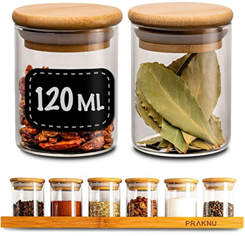 Praknu Gewürzgläser 120ml - 6er Set - Gewürzdosen Organizer mit Regal & Gewürzetiketten – Luftdicht – Spülmaschinenfest - Küchenorganisation - für Gewürze, Kräuter & Tee