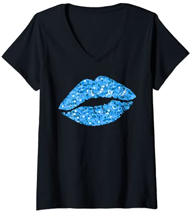Damen 80s & 90s Motto Kussmund Lippen Motiv Vintage Blau T-Shirt mit V-Ausschnitt