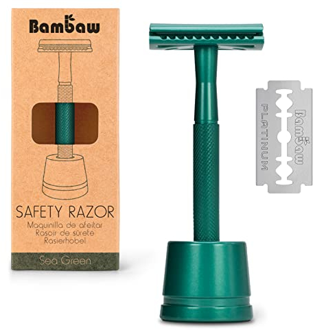 Bambaw Rasierhobel mit Ständer & 5 Rasierklingen für Rasierhobel, Rasierer Metall mit Ausgeglichenem Gewicht für Volle Kontrolle, Für Eine Gründliche & Glatte Rasur (Smaragdgrün)