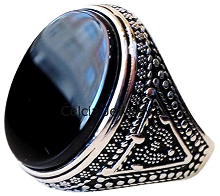Natürlicher schwarzer Onyx, riesiger, schwerer Herren-Siegelring, handgefertigter Schmuck im nahöstlichen türkischen Stil, Statement-Ring, silberner Emaille-Ring, Vatertagsgeschenk (schwarzer Onyx)