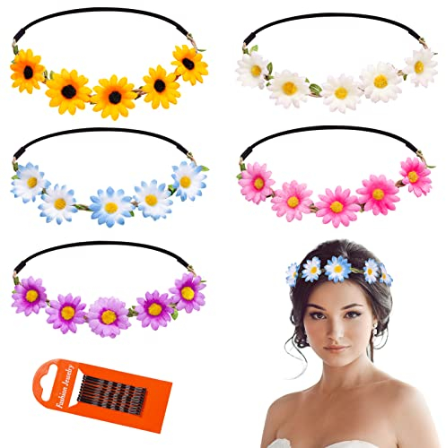 Kiiwah 5 Stück Mehrfarbig Daisy Blumenkranz Stirnband, Damen Mädchen Floral Garland Stirnbänder Haarreif für Festival Hochzeit Geburtstag Strand Party
