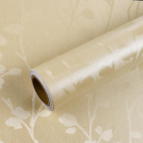 VEELIKE Papier Peint Beige Texturé Papier Peint Feuillage Branches D'arbres Papiers Peints Fleuri Gaufré Adhésif pour Meuble Chambre Papiers Peints Adhesif Decoratif Salle de Bain 40cm×300cm