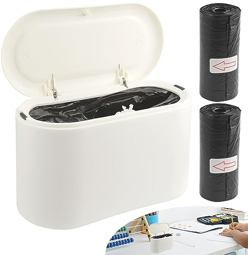 FAELNK Mini Cestino Da Scrivania Con Coperchio Cestino Da Tavolo 2l Cestino Spazzatura Del Desktop Con 3 Rotoli Di Sacchi Della Spazzaturaper Per Cucina Camera Bagno Scrivania Auto Ufficio (Bianco)