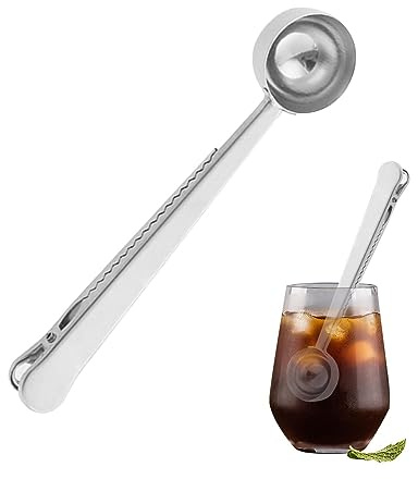 Kaffee-Zange und Löffel – runder Kaffeelöffel mit gezacktem Clip | Messlöffel aus Stahl für Tee, Zucker, Mehl, Kaffeebohnen, Proteinpulver