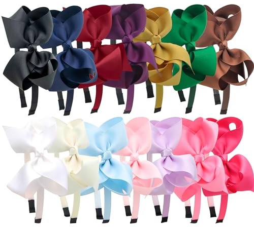 XIMA 14pcs Bows Headbands for Girls,4.5inch Baby Girls Ribbon Hair Bows Headband with Teeth for 4-12years Kids Children Teens Hair Bands Accessories