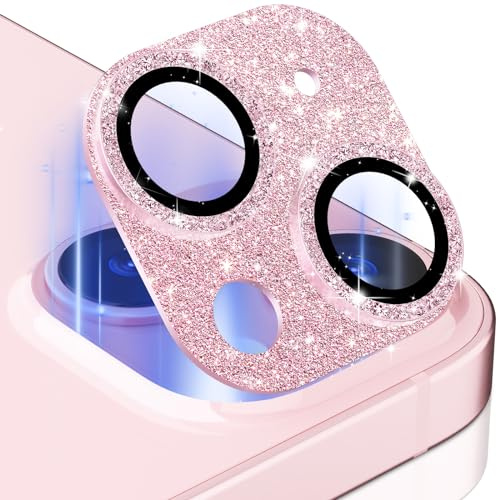 imluckies Bling Camera Lens Protector for iPhone 15 / iPhone 15 Plus, Shining Metal Ring Tempered Glass Back Screen Cover Film for 15Plus 2023, Glitter Pink