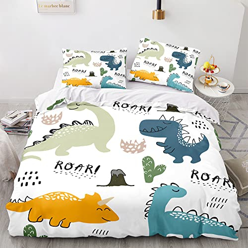 LOMUG Kinderbettwäsche, 100x135cm Baby Bettwäsche Komplettset, Bettwäsche mit Dino-Motiv, Kopfkissen, Bettdeckenbezug, Integriertem Reißverschluss, Dinosaurier Kissenbezug 60x40cm Polyester Mikrofaser
