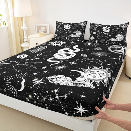 Black White Snake Fitted Sheet Queen Size,Sun Moon Stars Constellation Bed Sheet 3Pcs,Boho Dream Catcher Bedding Sheets Kids Girls Boys Adult Room Decor Gothic Exotic Deep Pocket Sheet,2 Pillowcases