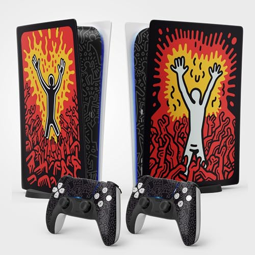PS5 Skin Haring Style Sticker, Fire, Aufkleber für PS5, Konsole und Controller, Standard Edition Digitale, Skin Flamme (2 Controller)