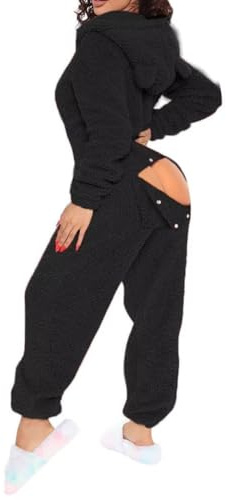 Combinaison sexy en polaire pour femme avec capuche et oreilles, combinaison pour femme avec rabat pour les fesses, pyjama une pièce en peluche