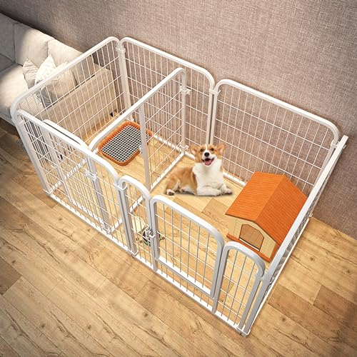 Welpenlaufstall aus Metall, abnehmbar, sicher und stabil, mit separatem Toilettenbereich, für den Innenbereich, tragbare Haustier-Trainingsplatten, Zaun, Kleintiergehege, Zwinger (Farbe: Weiß, Größe: