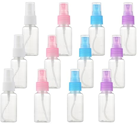 SINIDE Spray Bottles 30ml/1oz, 12 Pack Clear Empty Fine Mist Plastic Mini Travel Bottle Set, Portable Refillable Makeup Sprayer Containers for Perfume, Liquids, Aromatherapy, Small Size
