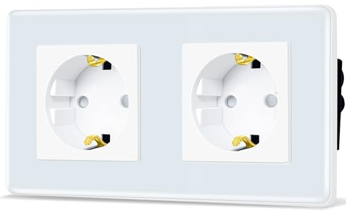 TAWOIA Schuko Steckdose, EU-Standard 2 Fach Unterputz Mit 2,5D Gebogenes Glas Platte, Wandsteckdosen Weiß 86 * 157mm