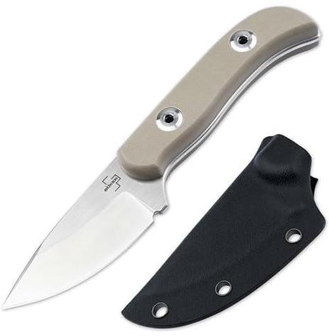 BÖKER PLUS® Dasos 2.0 - kleines D2 Gürtelmesser 42a konform mit Kydex-Scheide - Outdoor- & Survivalmesser mit Adapter quer drehbar - Fulltang Bushcraft-Messer - edles Jagdmesser mit G10 Griff braun