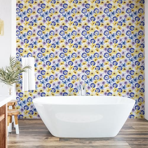 Ambesonne Floral Retro Peel & Stick Wallpaper for Home, Asters Daisies and Pansies Vintage Farmhouse Meadow Print, Self-Adhesive Living Room Kitchen Accent, 33 cm x 90 cm, Dark Violet Lilac and Yellow