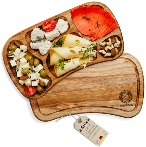 WDOMA Frühstücksbrettchen holz aus Eiche 2er Set - Servierbrett Holz - Snackteller mit Fächern - Vesperbrett Holz - Holzplatte Servierplatte Frühstück Abendbrot - Servierteller Jausenbrett